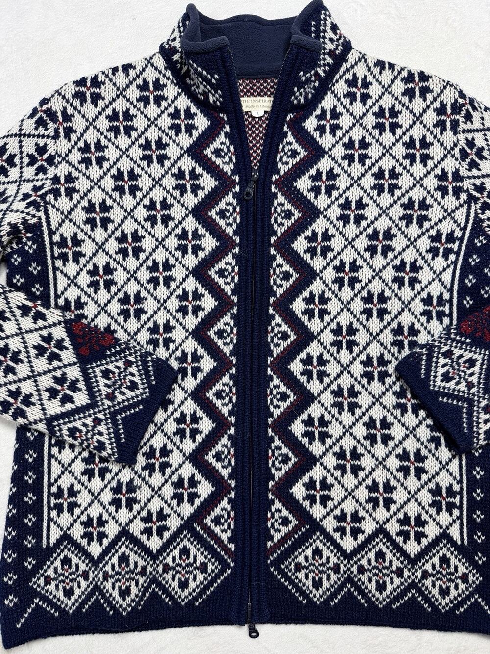 Basic Editions Nordic Wool Sweater Zip Fair Isle Cardigan Apres Ski Vtg Sz Lg
